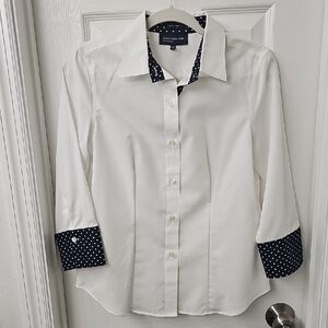 Jones New York Ivory Blouse with Navy Polka Dot Trim
